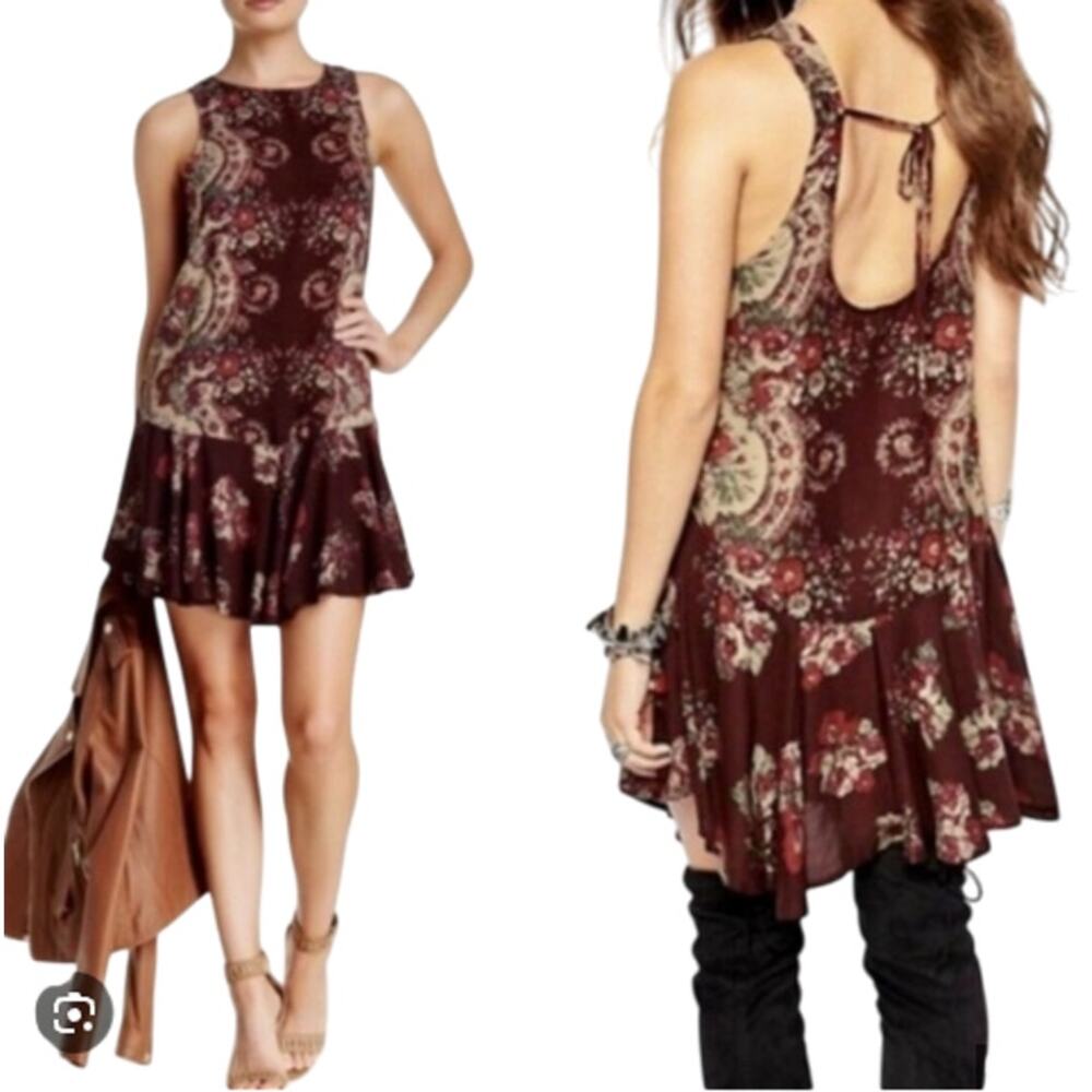 FREE PEOPLE Intimately Dobby Dot Slip Dress Tunic Sz M Burgundy Boho City Party